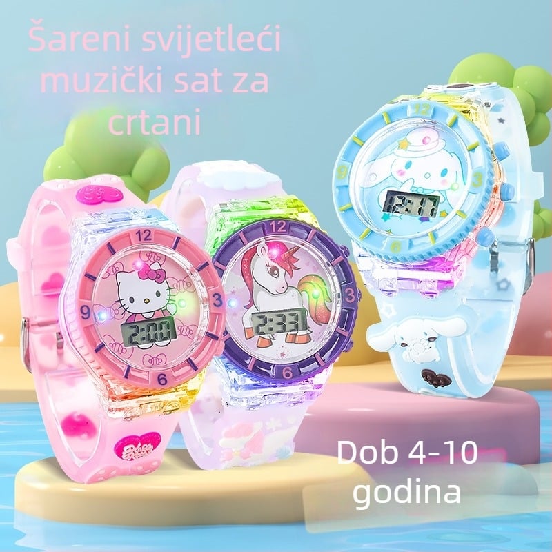 Elektronički dječji sat sa svjetlom i glazbom, crtani dizajn; pokret: elektronički; vodootpornost: Ne; kućište: plastika; remen: plastika; ogledalo: plastika