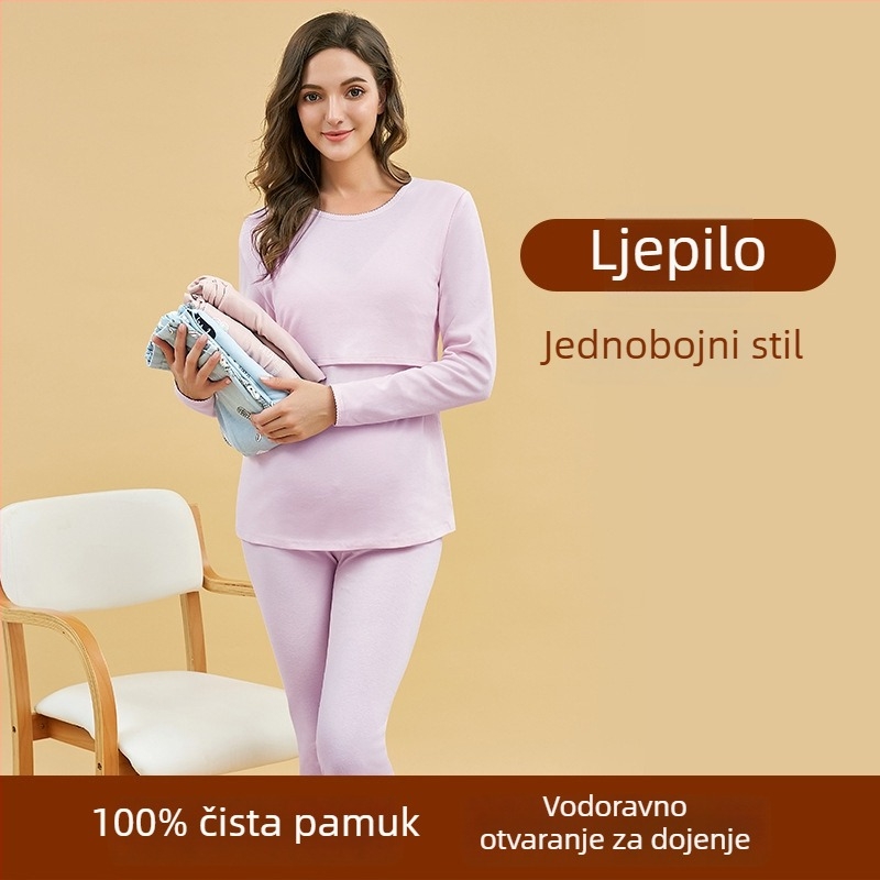 Postporođajni pamučni set za dojenje — 100% pamuk, top s dugim rukavima i dugim hlačama, jednobojan, otvor za dojenje