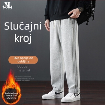 Muške zimske casual hlače s flisom, ravni kroj, srednji pojas, s pojasom, 65% pamuk