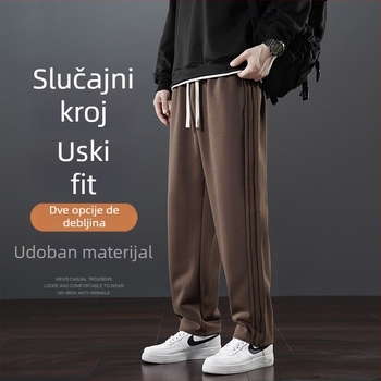 Muške zimske casual hlače s flisom, ravni kroj, srednji pojas, s pojasom, 65% pamuk