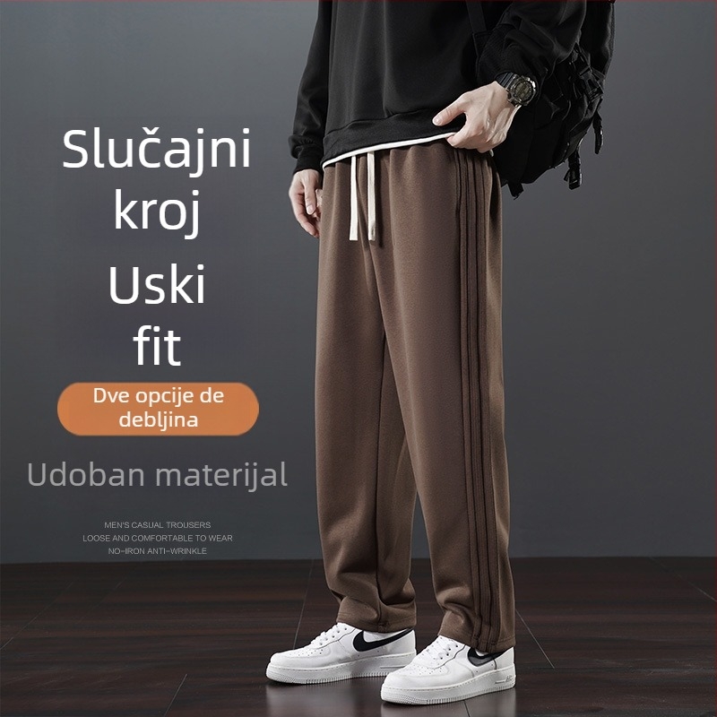 Muške zimske casual hlače s flisom, ravni kroj, srednji pojas, s pojasom, 65% pamuk