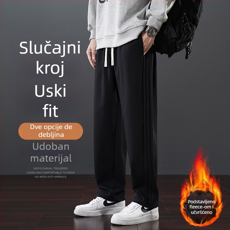 Muške zimske casual hlače s flisom, ravni kroj, srednji pojas, s pojasom, 65% pamuk
