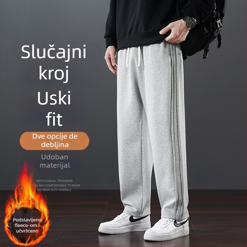 Muške zimske casual hlače s flisom, ravni kroj, srednji pojas, s pojasom, 65% pamuk