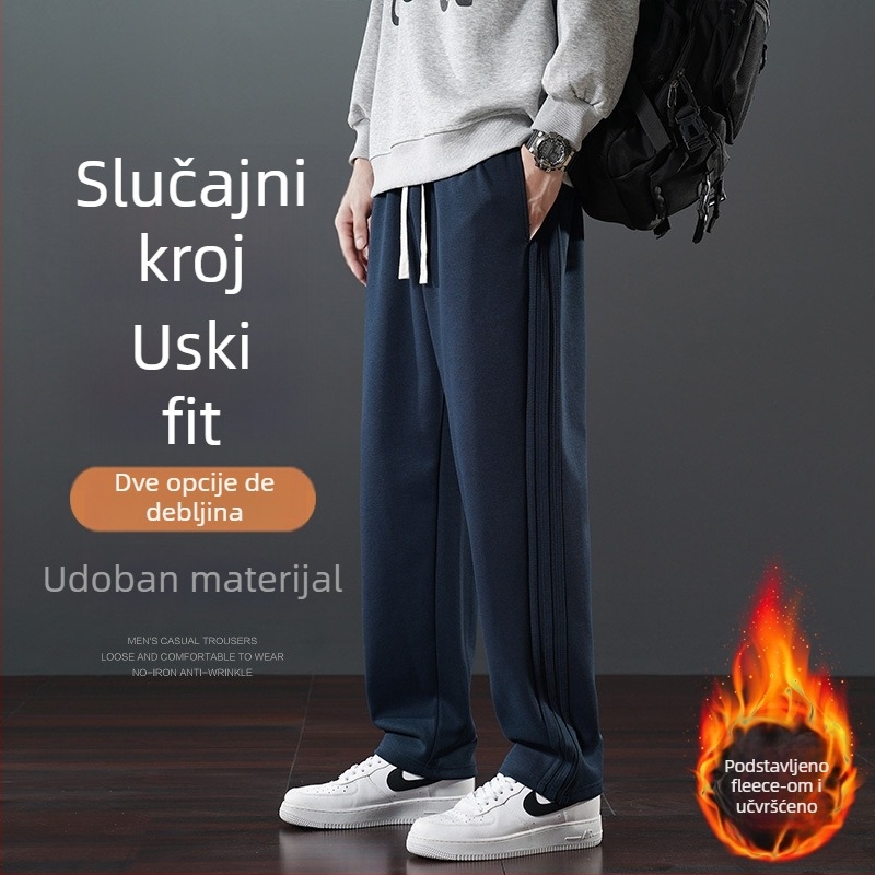 Muške zimske casual hlače s flisom, ravni kroj, srednji pojas, s pojasom, 65% pamuk