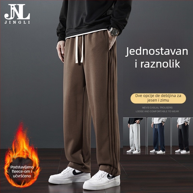 Muške zimske casual hlače s flisom, ravni kroj, srednji pojas, s pojasom, 65% pamuk