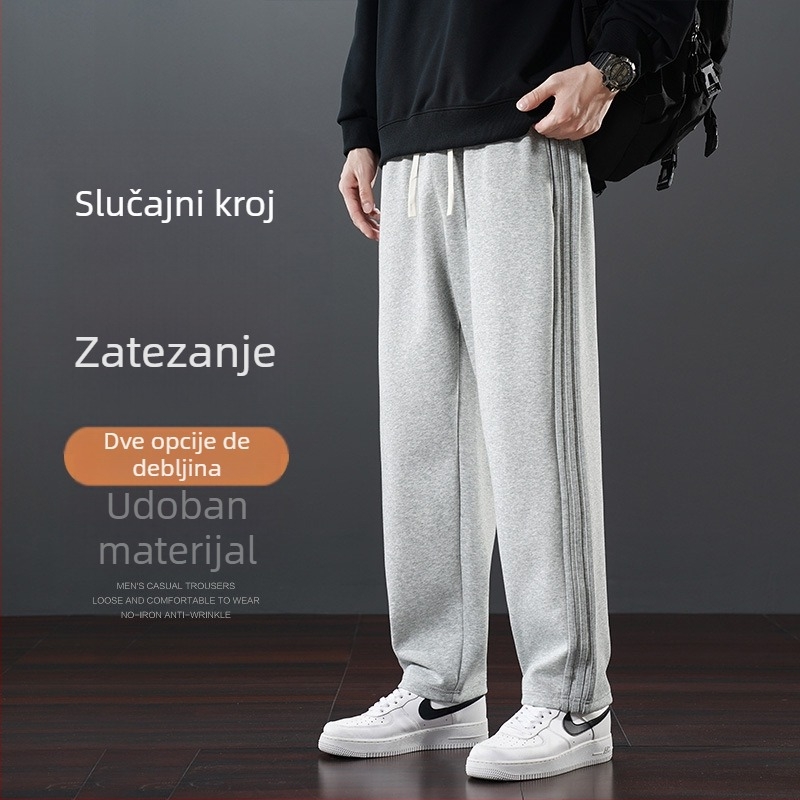 Muške zimske casual hlače s flisom, ravni kroj, srednji pojas, s pojasom, 65% pamuk