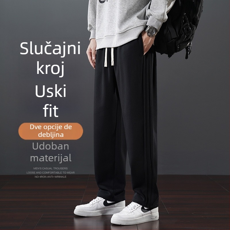 Muške zimske casual hlače s flisom, ravni kroj, srednji pojas, s pojasom, 65% pamuk