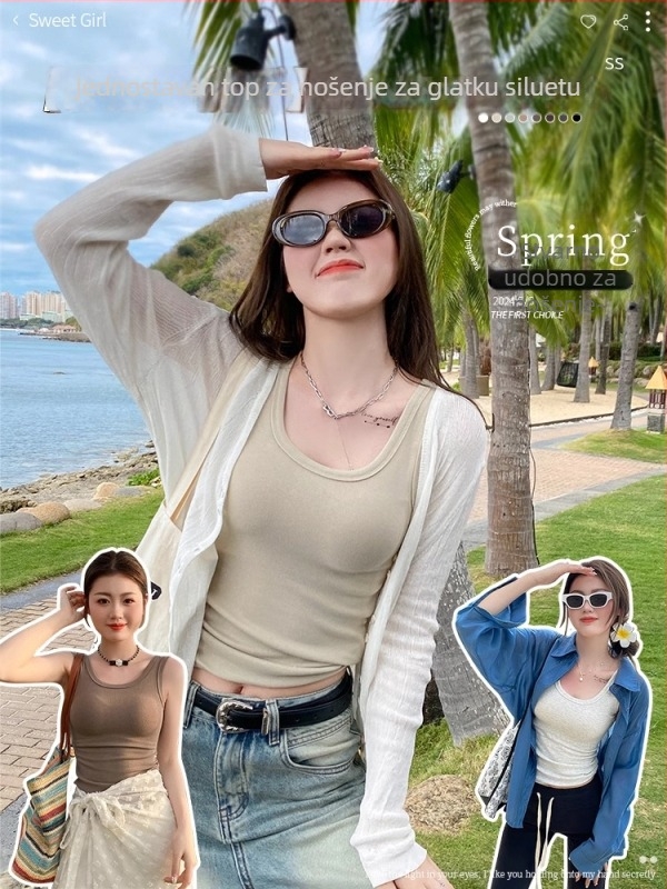 Ženski top s širokim trakama, slim-fit, bez rukava, obična duljina 50-65 cm, češani pamuk, mikroelastičan