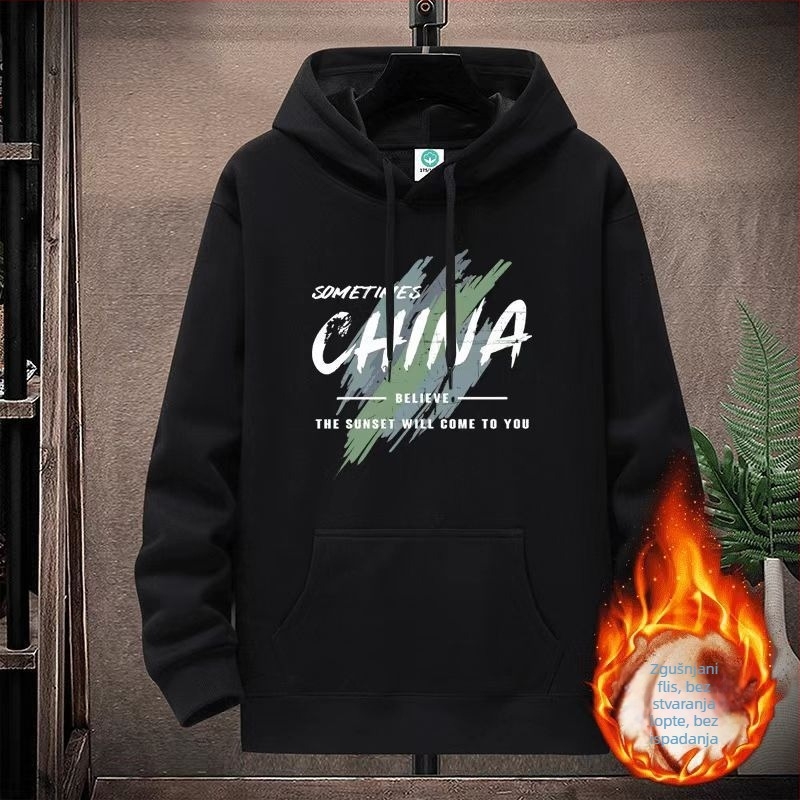 Flis hoodie s kapuljom i vunenom podstavom, labav kroj, tisk i trodimenzionalni džepovi