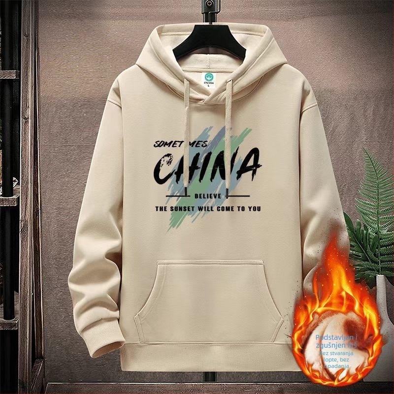 Flis hoodie s kapuljom i vunenom podstavom, labav kroj, tisk i trodimenzionalni džepovi