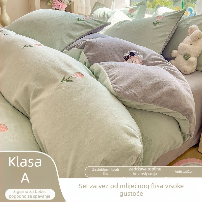 Zimski debeli topli dvostrani mliječni velur set posteljine od četiri dijela s cvjetnim uzorkom, moderni minimalistički stil