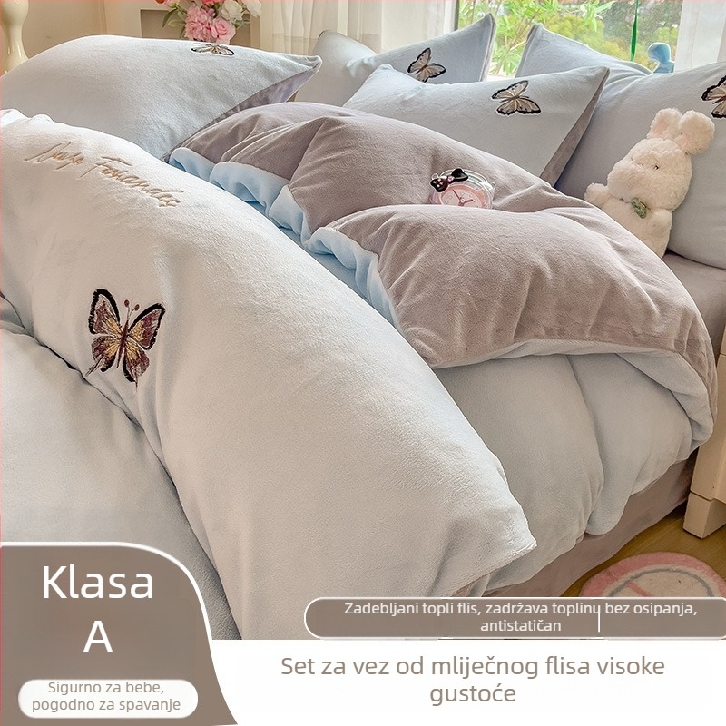 Zimski debeli topli dvostrani mliječni velur set posteljine od četiri dijela s cvjetnim uzorkom, moderni minimalistički stil