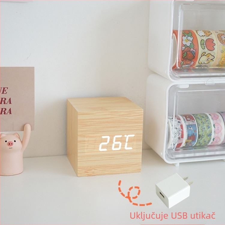 Stolni sat od drveta s LED zaslonom, brojčanik od kaljenog stakla, punjiva energija, mehanički pogon, tiho način rada