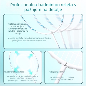 Raketa za badminton (jednodijelna karbonska konstrukcija; težina 75–79 g; debljina drške: G5; materijal žica: najlon)
