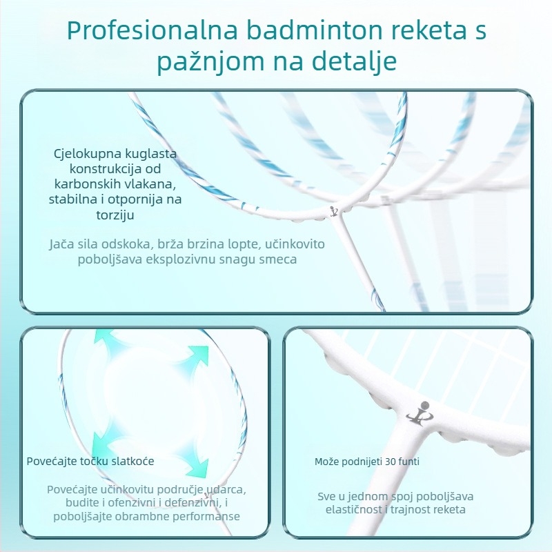 Raketa za badminton (jednodijelna karbonska konstrukcija; težina 75–79 g; debljina drške: G5; materijal žica: najlon)