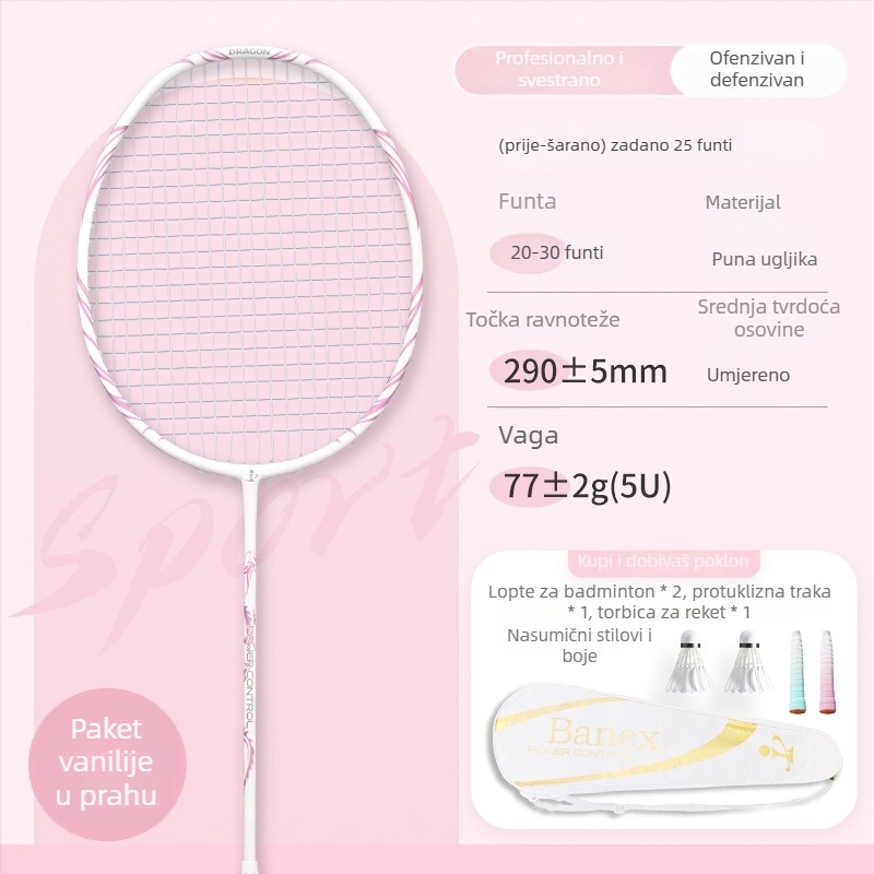 Raketa za badminton (jednodijelna karbonska konstrukcija; težina 75–79 g; debljina drške: G5; materijal žica: najlon)