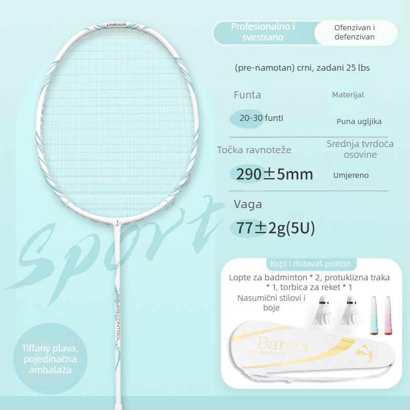 Raketa za badminton (jednodijelna karbonska konstrukcija; težina 75–79 g; debljina drške: G5; materijal žica: najlon)