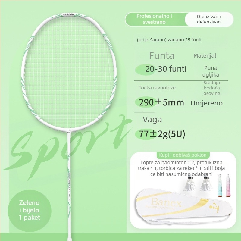 Raketa za badminton (jednodijelna karbonska konstrukcija; težina 75–79 g; debljina drške: G5; materijal žica: najlon)