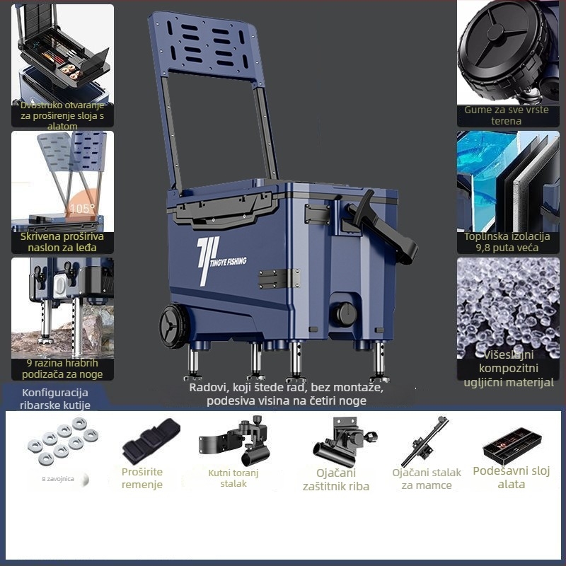 Ribolovna kutija s kotačićima, ultra lagana, višenamjenska oprema za ribolov, ABS, kapacitet 25–32 L