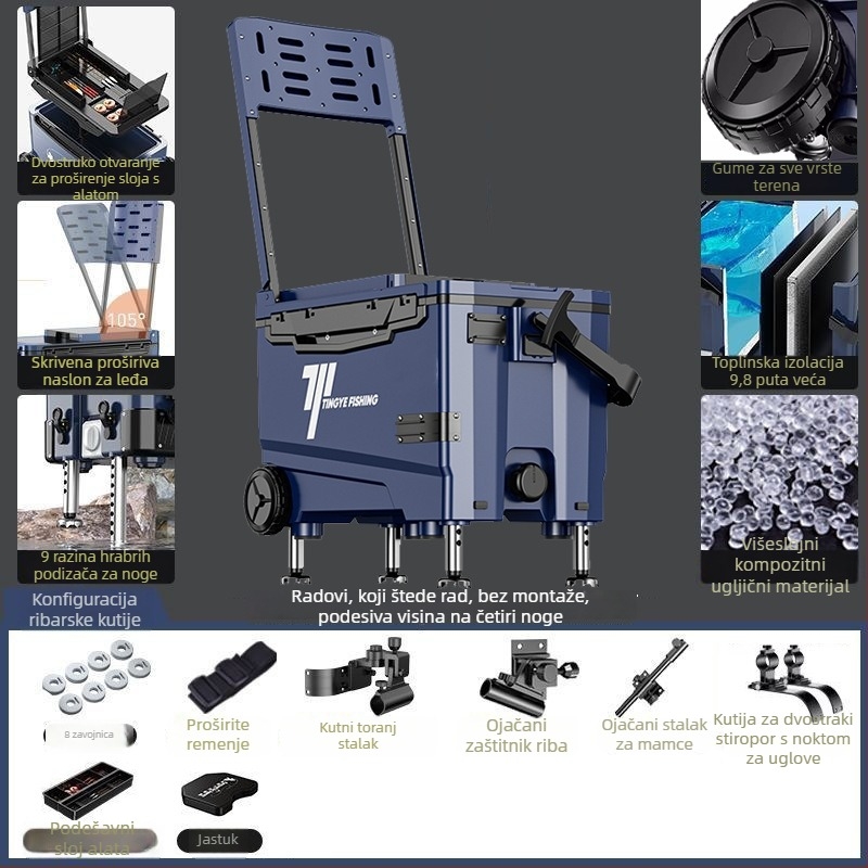 Ribolovna kutija s kotačićima, ultra lagana, višenamjenska oprema za ribolov, ABS, kapacitet 25–32 L