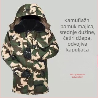 Vanjska jakna od pamuka s kamuflažnim uzorkom, kapuljačom, podstavljena flisom, punilo poliester-pamuk, vodootporna.