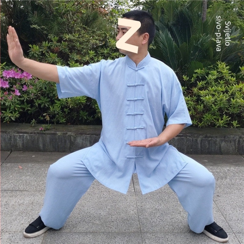 Muški ljetni Tai Chi/Kung Fu trening komplet - pamuk-linen tkanina, kratki rukav, pamuk podstava, za borilačke vještine