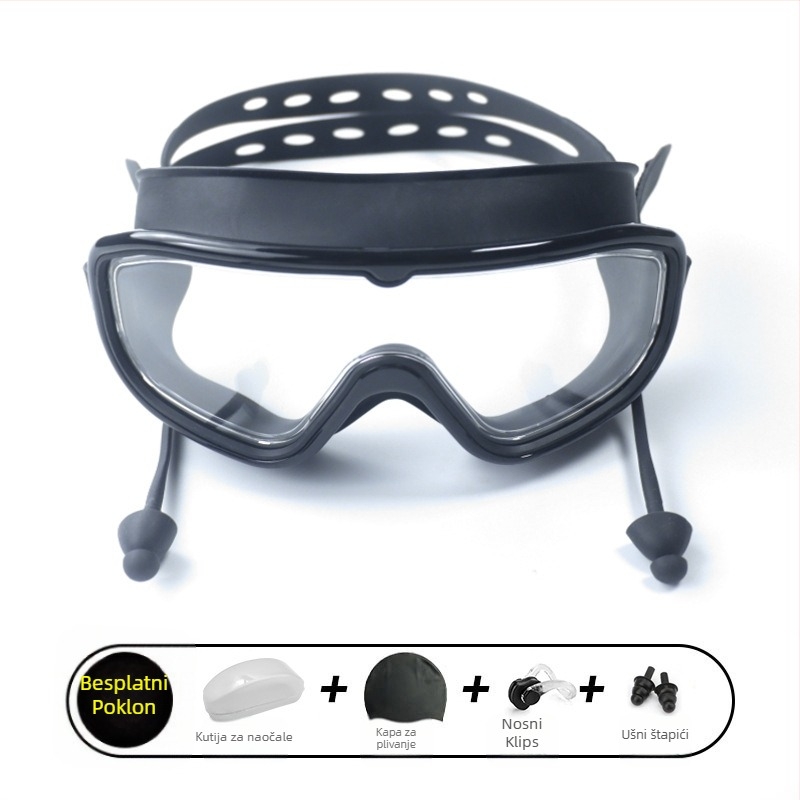 Plivačke naočale s velikim okvirom, anti-fog, vodootporne, PC leće, za odrasle, set s klipom za nos i kapom za plivanje