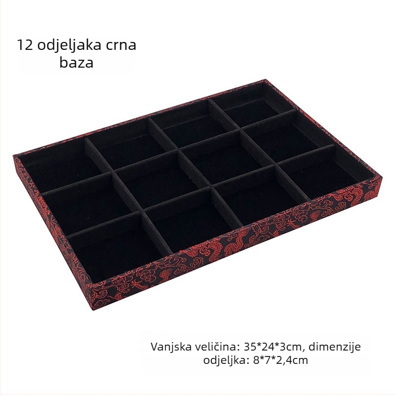 Jednodatni izložbeni pladanj za nakit s 125 pretinaca; materijal: presovana drvena ploča; starinski stil; konstrukcija spajanja