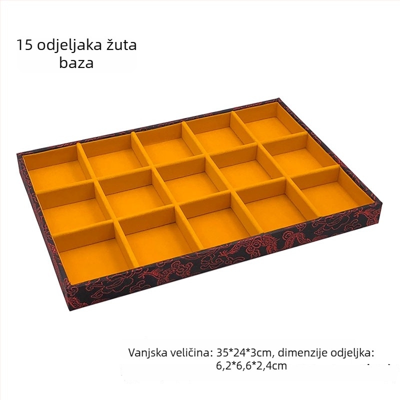 Jednodatni izložbeni pladanj za nakit s 125 pretinaca; materijal: presovana drvena ploča; starinski stil; konstrukcija spajanja