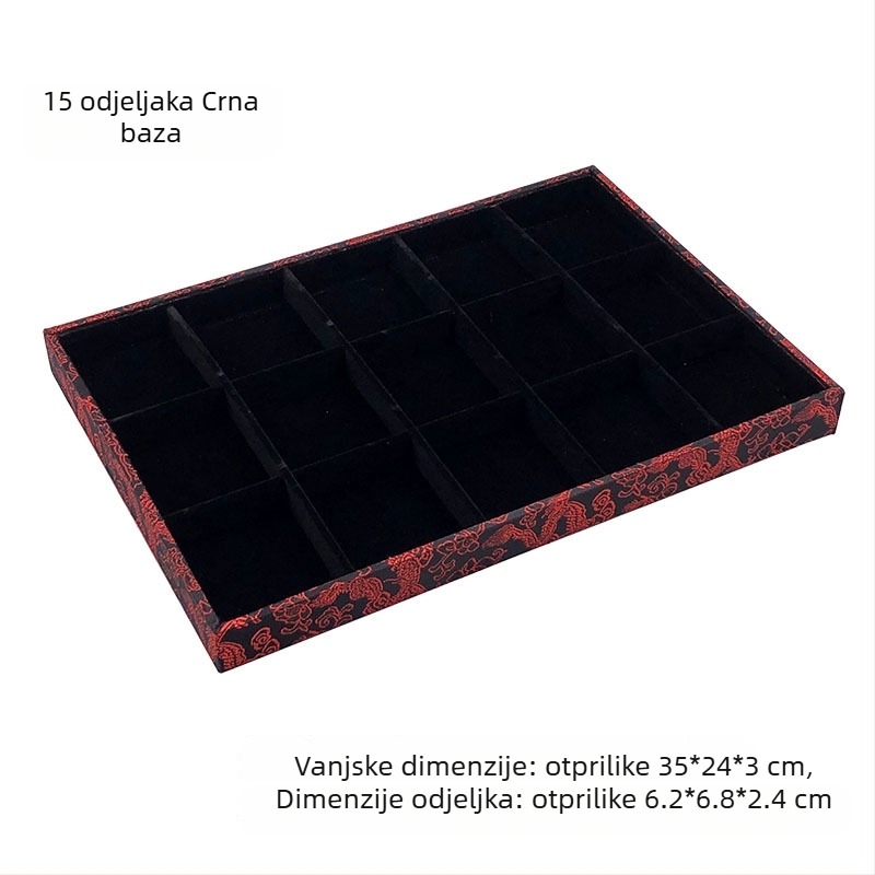Jednodatni izložbeni pladanj za nakit s 125 pretinaca; materijal: presovana drvena ploča; starinski stil; konstrukcija spajanja