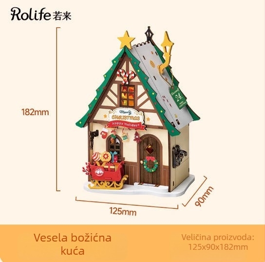 Drvena DIY kućica Gingerbread s mini scenom i blokovima za slaganje — za uzrast 15–35, marka Robotime