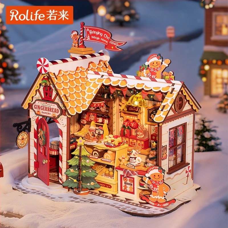 Drvena DIY kućica Gingerbread s mini scenom i blokovima za slaganje — za uzrast 15–35, marka Robotime