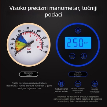 Prenosna baterijska pumpa za zrak za vozila (automobili, motocikli i tricikli), 48–72V, 120W, protok zraka 35 L/min, duljina kabla 3 m, težina 1 kg