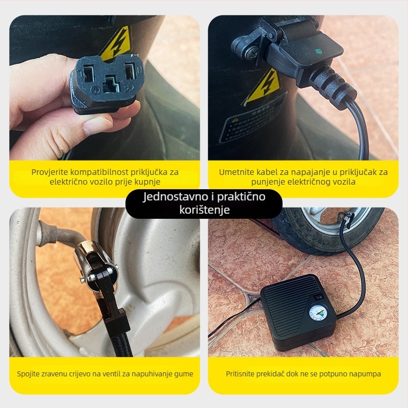 Prenosna baterijska pumpa za zrak za vozila (automobili, motocikli i tricikli), 48–72V, 120W, protok zraka 35 L/min, duljina kabla 3 m, težina 1 kg