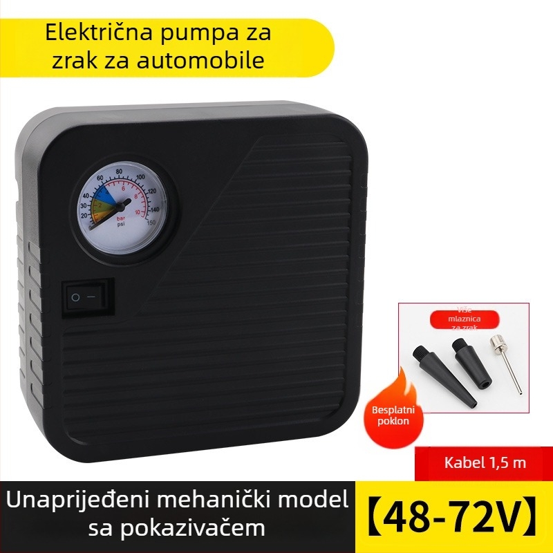 Prenosna baterijska pumpa za zrak za vozila (automobili, motocikli i tricikli), 48–72V, 120W, protok zraka 35 L/min, duljina kabla 3 m, težina 1 kg