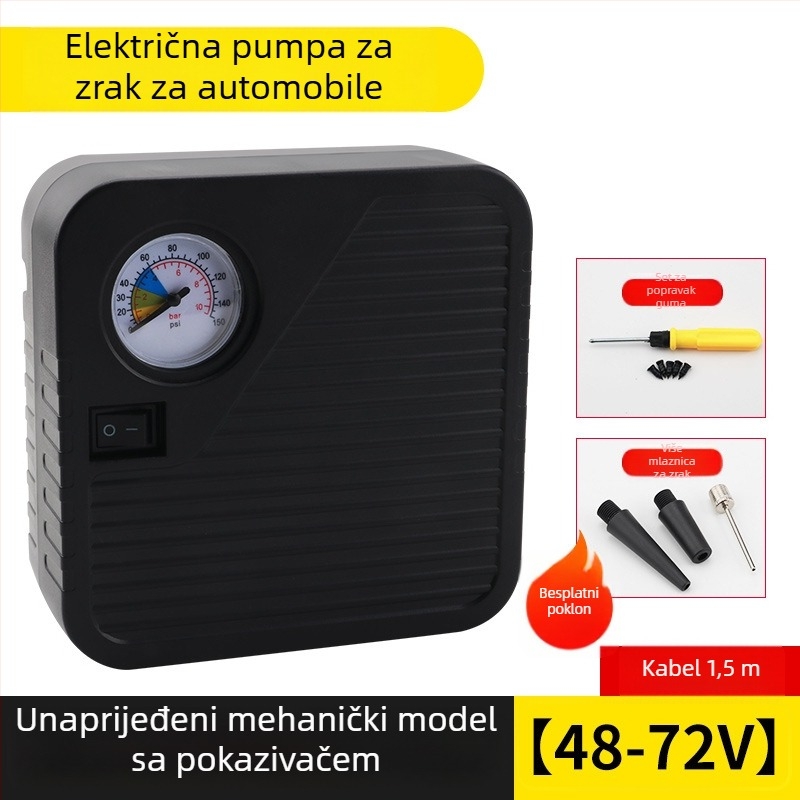 Prenosna baterijska pumpa za zrak za vozila (automobili, motocikli i tricikli), 48–72V, 120W, protok zraka 35 L/min, duljina kabla 3 m, težina 1 kg