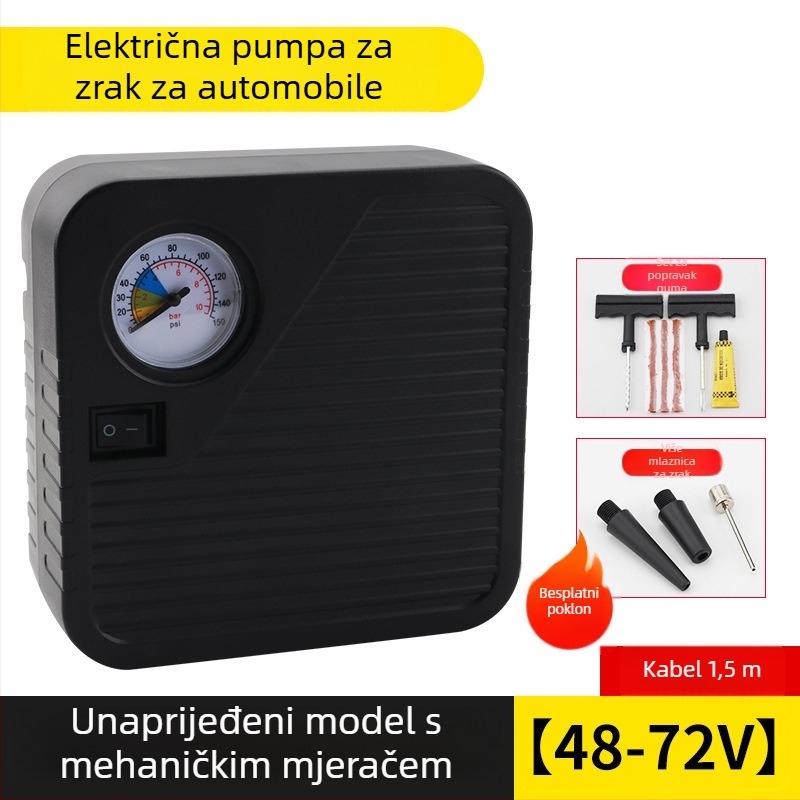 Prenosna baterijska pumpa za zrak za vozila (automobili, motocikli i tricikli), 48–72V, 120W, protok zraka 35 L/min, duljina kabla 3 m, težina 1 kg