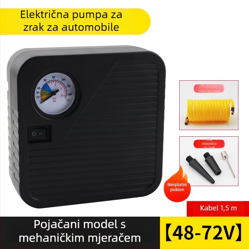 Prenosna baterijska pumpa za zrak za vozila (automobili, motocikli i tricikli), 48–72V, 120W, protok zraka 35 L/min, duljina kabla 3 m, težina 1 kg