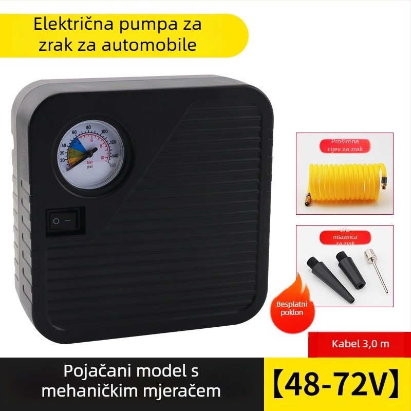 Prenosna baterijska pumpa za zrak za vozila (automobili, motocikli i tricikli), 48–72V, 120W, protok zraka 35 L/min, duljina kabla 3 m, težina 1 kg