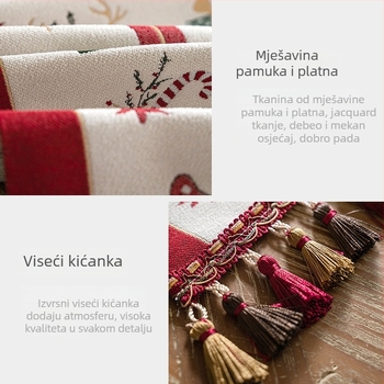 Jacquard poliester božićni stolni runner s resicama – snježni čovjek i jelen uzorak, vino crvena