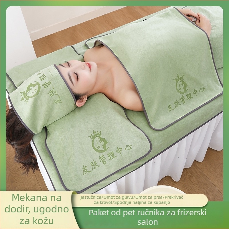 Set ručnika za kozmetički salon – pet komada, mikrovlakanski ručnici, uključuje velike ručnike za krevet i ručnik za glavu, mogućnost prilagodbe i tiskanja logotipa, težine 70/150/180/500/600 g