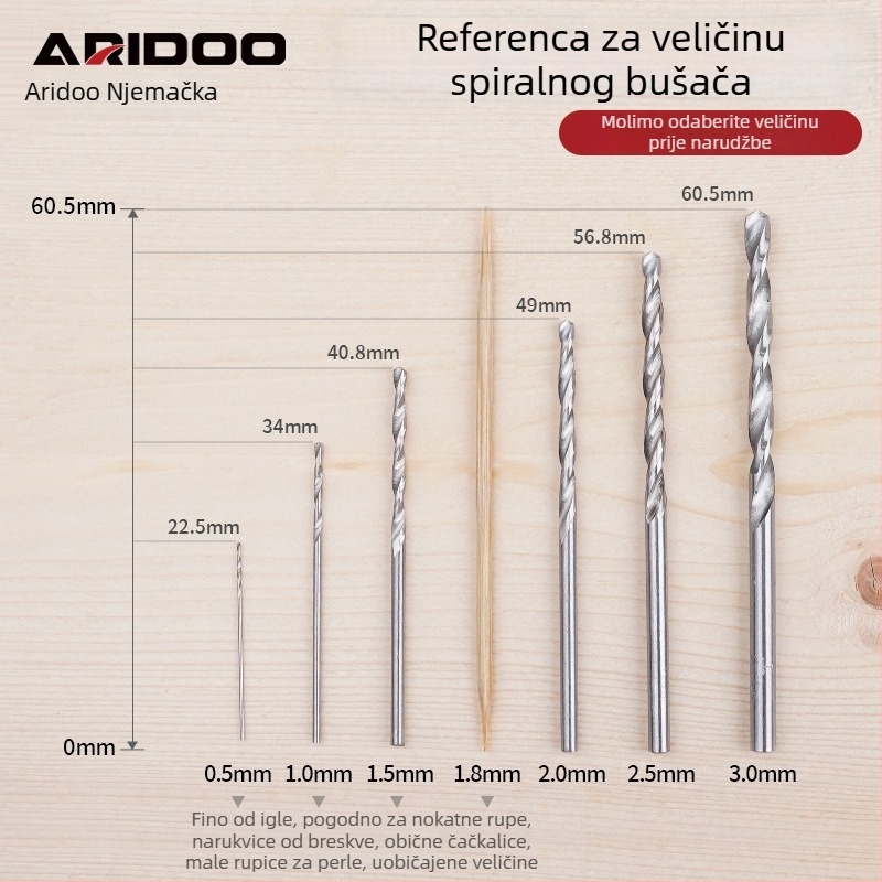 Vijčano svrdlo za električnu brusilicu – sadrži kobalt, prav osi, mikro-precizno bušenje rupa za narukvice i Buddha perle. Marka: Airui shield