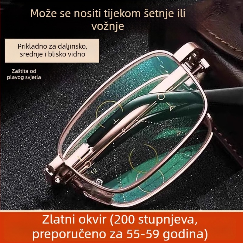 Naočale za čitanje s anti-plavim svjetlom, dvostruka upotreba za daleko i blizu, puni okvir od TR+metala, kvadratni okvir — proljeće 2025