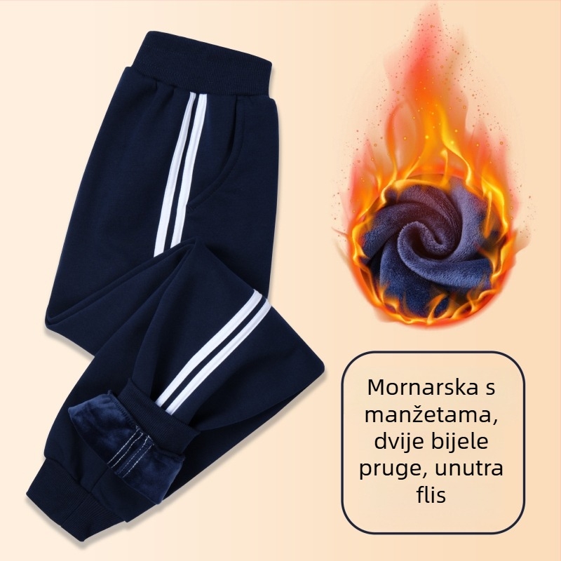 Dječje pamučne sportske hlače s flis unutarnjom podstavom, zimske, Preppy stil, 73% pamuka, srednje visoki pojas sa elastikom