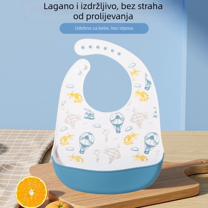 Silikonska baveta za bebe — vodootporna, silikonski materijal za hranu, uzorak životinja/crtan, pogodno za djecu od 0 do 6 godina