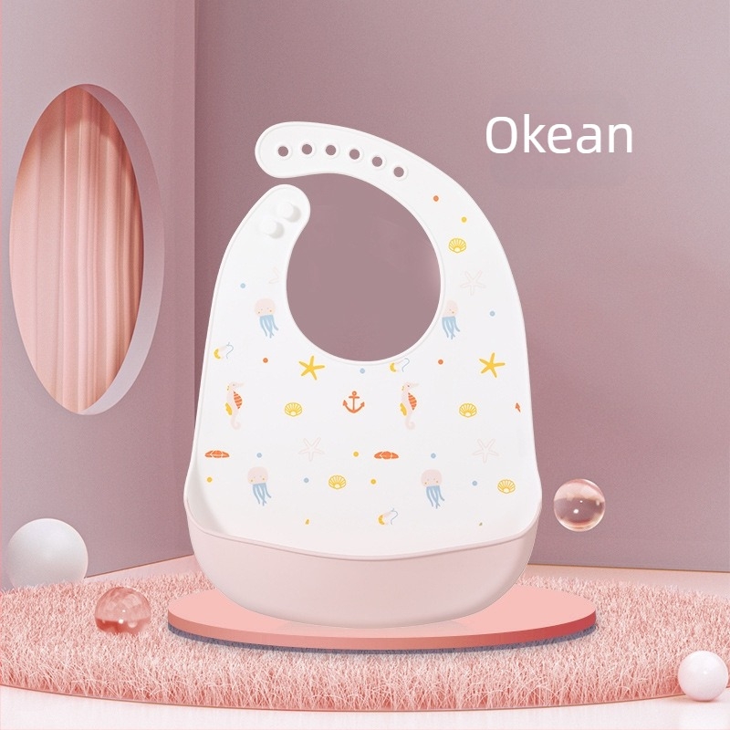 Silikonska baveta za bebe — vodootporna, silikonski materijal za hranu, uzorak životinja/crtan, pogodno za djecu od 0 do 6 godina