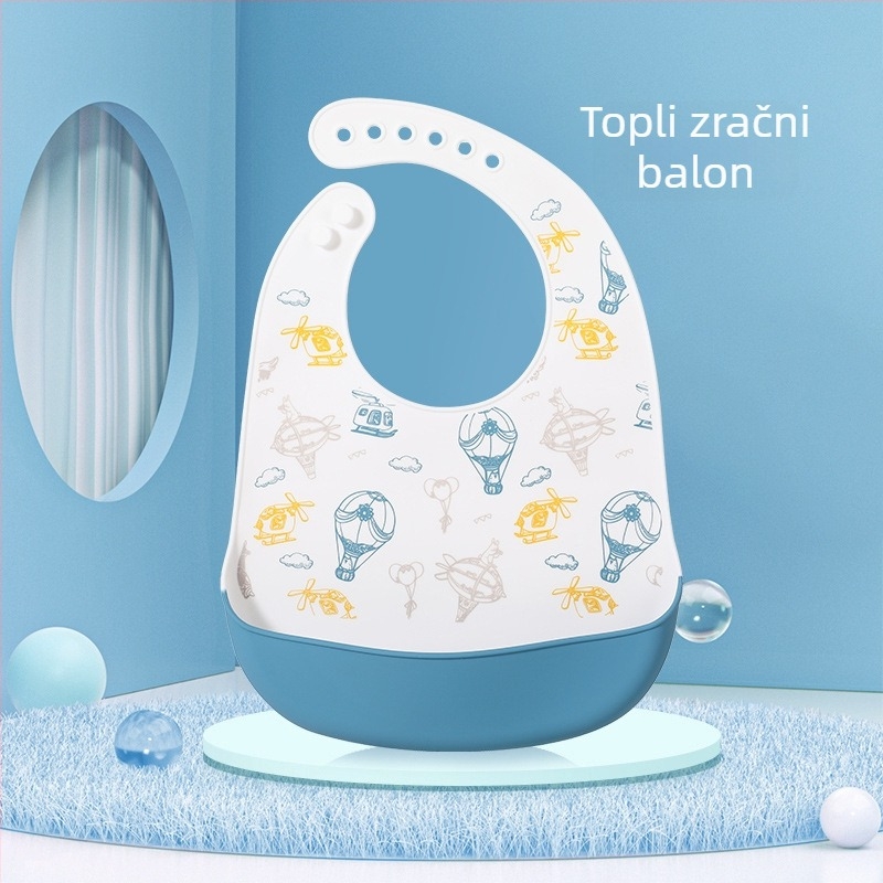 Silikonska baveta za bebe — vodootporna, silikonski materijal za hranu, uzorak životinja/crtan, pogodno za djecu od 0 do 6 godina