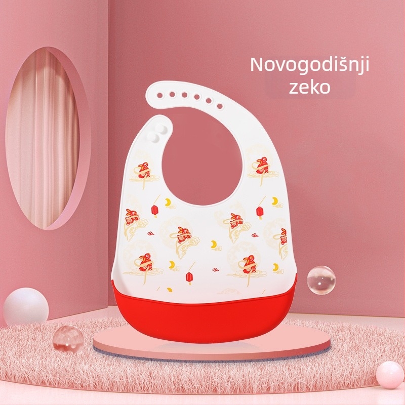 Silikonska baveta za bebe — vodootporna, silikonski materijal za hranu, uzorak životinja/crtan, pogodno za djecu od 0 do 6 godina