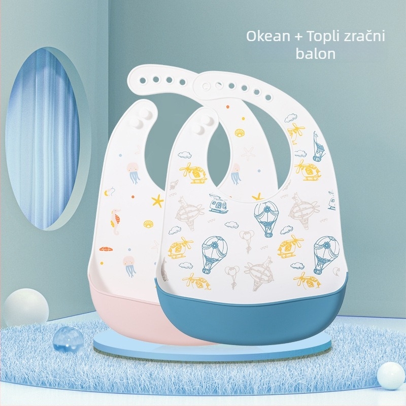 Silikonska baveta za bebe — vodootporna, silikonski materijal za hranu, uzorak životinja/crtan, pogodno za djecu od 0 do 6 godina