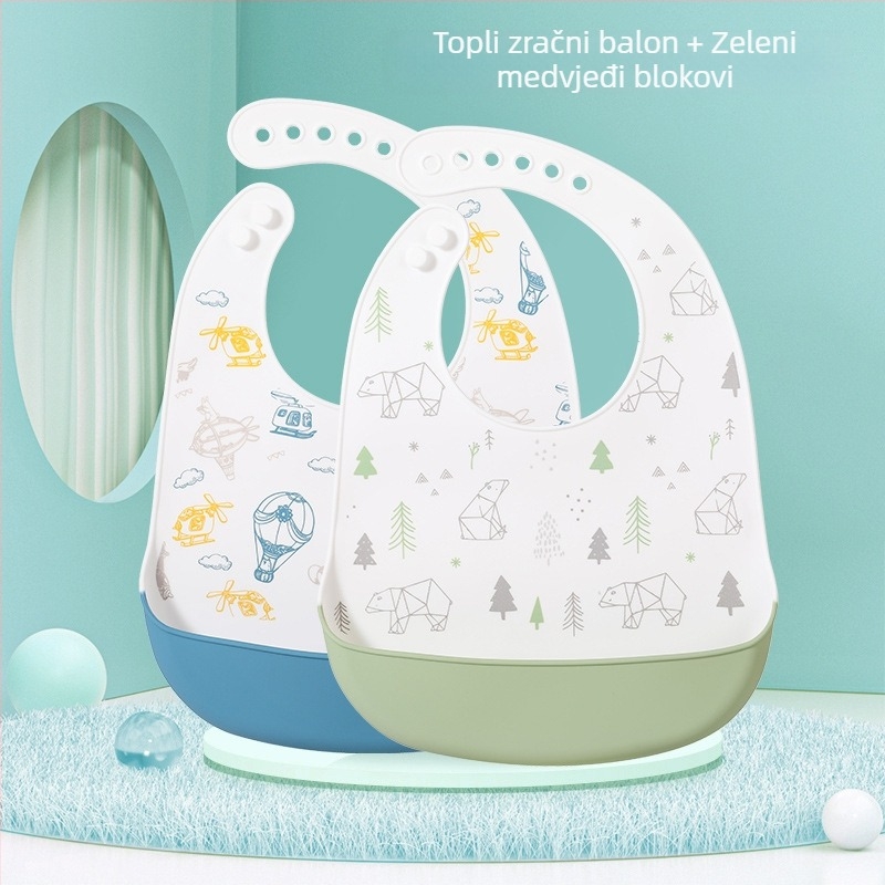 Silikonska baveta za bebe — vodootporna, silikonski materijal za hranu, uzorak životinja/crtan, pogodno za djecu od 0 do 6 godina
